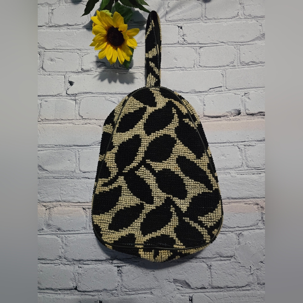 1960s Shoe Bag Black/Cream Leaf Pattern Carpet/Travel Bag
